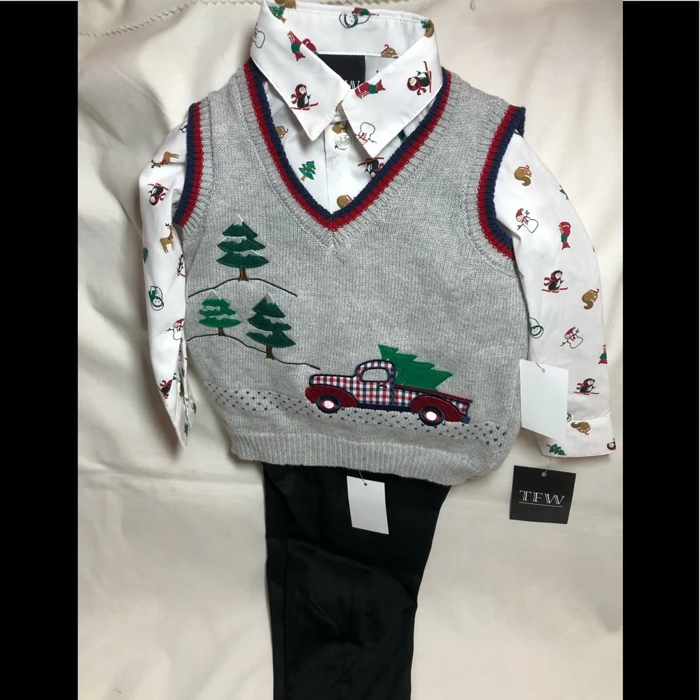 Boys 3 pc holiday outfit Christmas vest 12 months